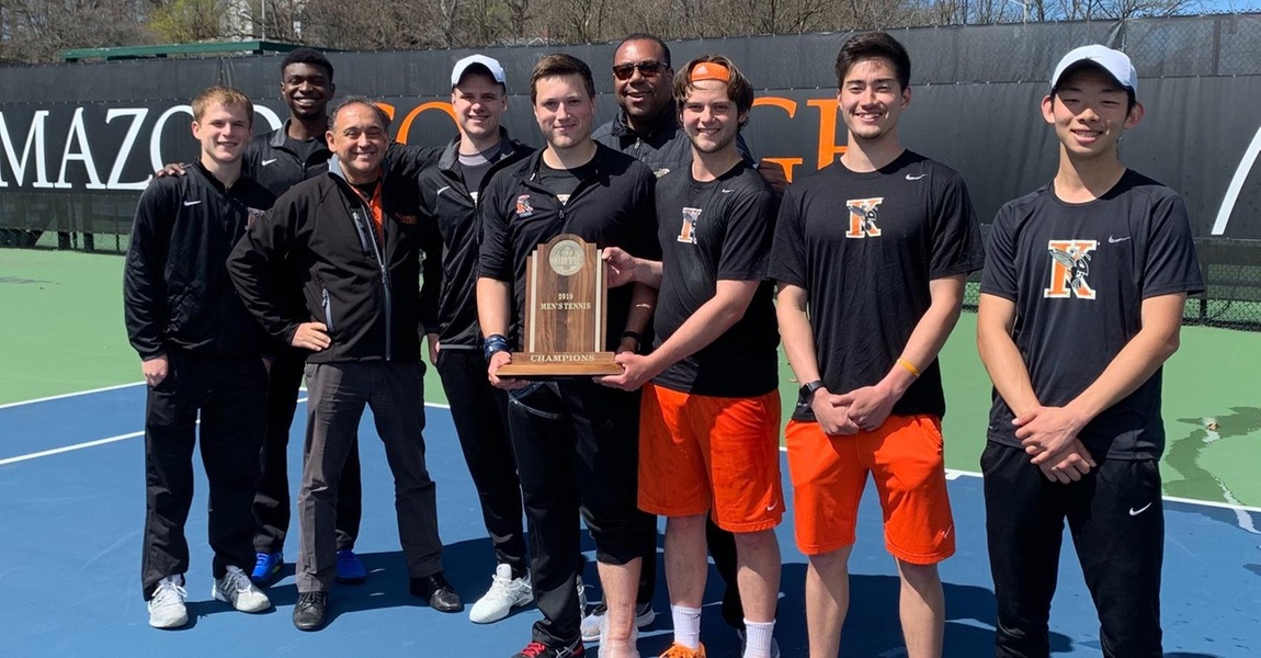 The Kalamazoo College men's tennis team with the 2019 MIAA championship trophy.