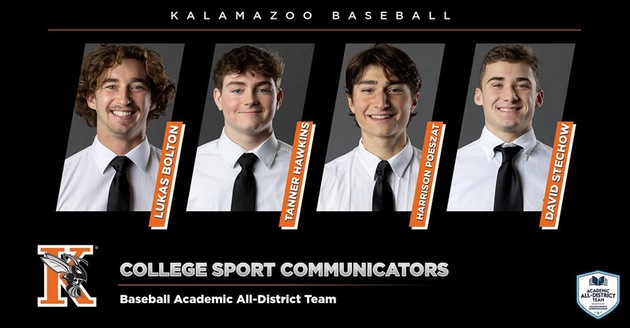 The baseball CSC Academic All-District Team graphic with Lukas Bolton, Tanner Hawkins, Harrison Poeszat, and David Stechow.