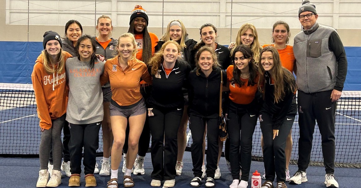 The Kalamazoo College women's tennis team together after winning the 2023 MIAA championship at Trine.